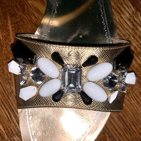 Prada Gold Leather Crystal Embellished Sandals - Picture 13 of 14